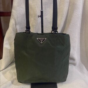 Prada Metal Triangle Forest Green Nylon Shoulder Bag with COA